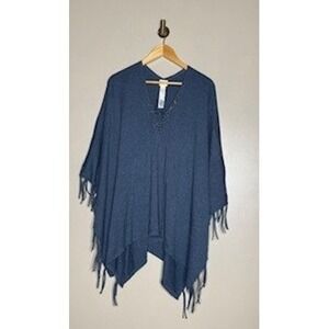 Chico's Blue Fringe Poncho Lace Up Neck Boho Festival Cape OS